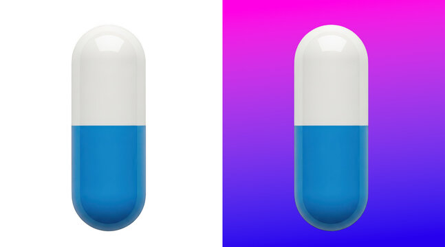 Two colored capsule pills on gradient background