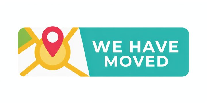We moved text banner with a stylized map background, featuring a red location pin icon on a yellow circle and teal rectangular field