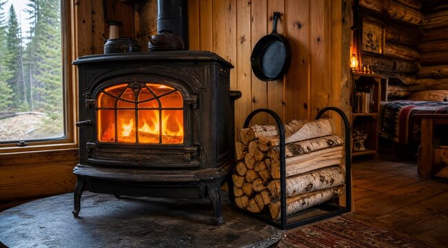 Cast-Iron Woodstove Glowing in Rustic Cabin