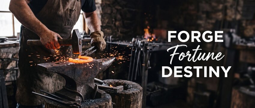 Blacksmith hammering glowing hot metal horseshoe on anvil in rustic forge workshop with flying sparks, traditional craftsman working with iron and fire to create tools in dark blacksmith shop.