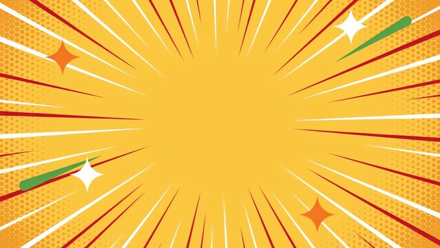 Vibrant yellow comic book background, with red radial, speed lines, halftone, dots, and decorative, four-pointed stars