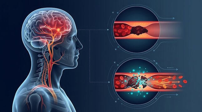 Stroke medical illustration showing brain blood clot, cerebral embolism in human artery, vascular blockage and thrombus treatment diagram