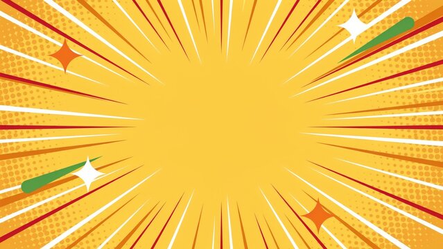 Vibrant yellow comic book background, with radial speed, lines, halftone dots, and decorative star, and dash accents