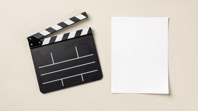 Black and white clapperboard with an open and a blank white sheet of paper on a light beige background, down view