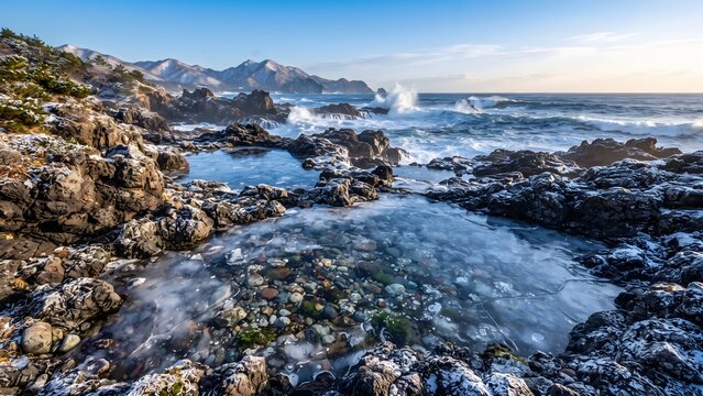 Snow-Covered Rocky Coast with an Icy Tide Pool and Ocean Waves