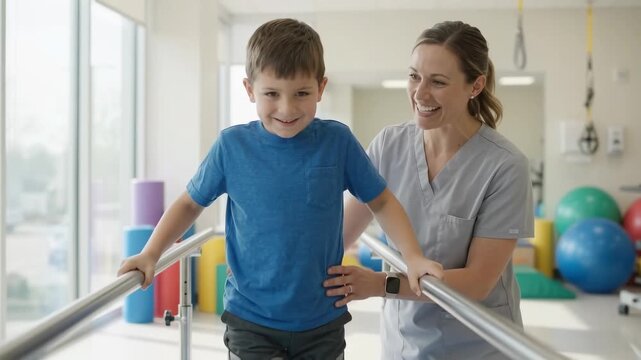 Slow push-in on a pediatric physical therapist guiding a 6-year-old boy in leg braces as he takes careful steps between parallel bars in a bright rehabilitation clinic