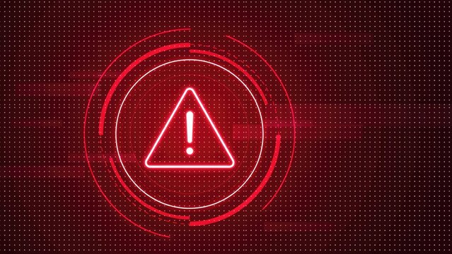 Glowing red warning sign with exclamation mark inside a circular hud interface on a digital dot matrix background