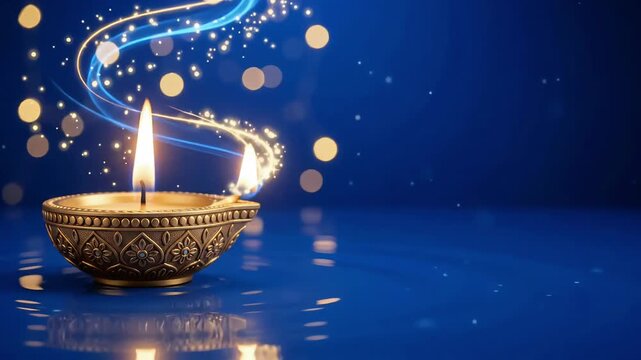 Magical blue light trails swirl above an ornate glowing diya resting on rippling water, offsetting an expansive deep blue copy space in this cinematic 3D animated Diwali video background
