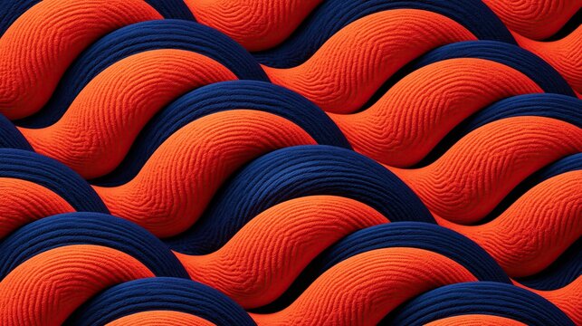 Seamless repeating abstract pattern of interlocking thick textured wavy braids in bright orange and dark blue shows modern decorative textile design