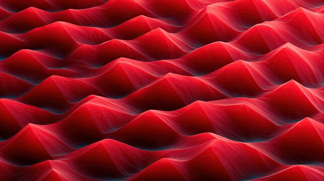 Abstract continuous 3d textured repeating pattern of sharp peaked red wavy mountain shapes with subtle blue shadows creates modern minimalist textured background