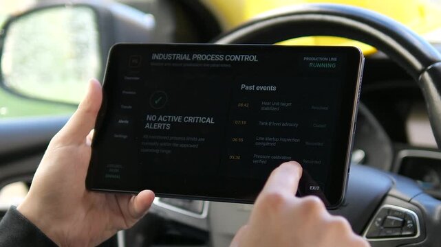 Technician reviews industrial process alerts on a tablet, confirming stable operating conditions and resolved events during real-time production monitoring.