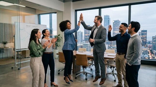 Diverse business team celebrating success with high fives in modern office