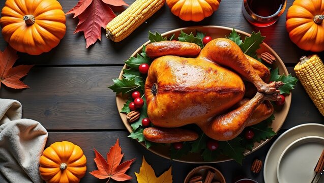 Roasted turkey with festive autumn Thanksgiving decorations