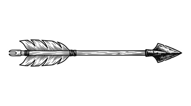Vintage hand drawn arrow with stone arrowhead and feather fletching for archery hunting and ancient weapon design