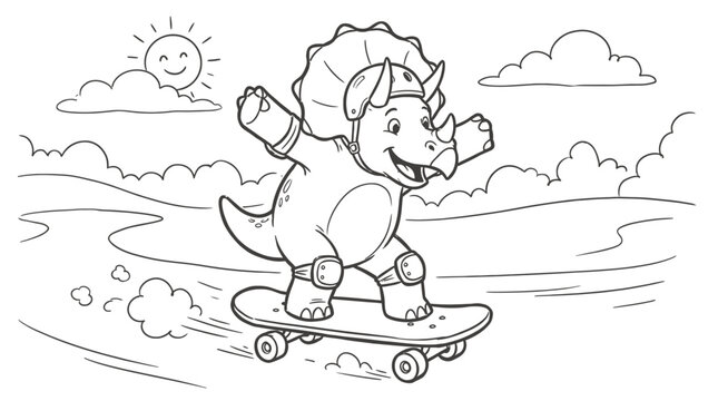 Cute triceratops dinosaur cartoon character riding a skateboard outside in a sunny park for kids coloring page