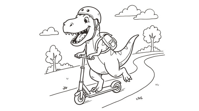 Cute cartoon dinosaur wearing a helmet and backpack riding a kick scooter on a path in the park