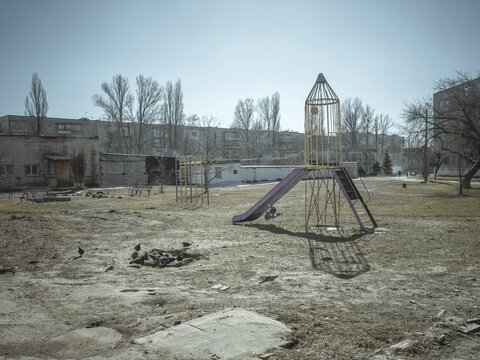 Playground in a residential neighbourhood close to the front, Kupyansk, Kharkiv Oblast, Ukraine