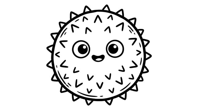 Cute puffer fish cartoon character with spikes and a happy face black and white line art drawing