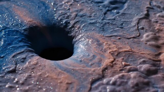 Abstract close-up of a dark vortex in swirling blue and copper liquid texture.