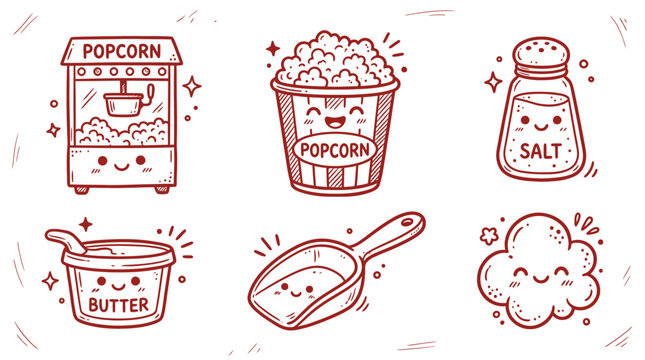 Cute hand drawn popcorn machine bucket salt butter scoop and snack doodles set