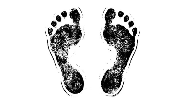 Black ink footprints of a baby or child showing texture and detail of human feet