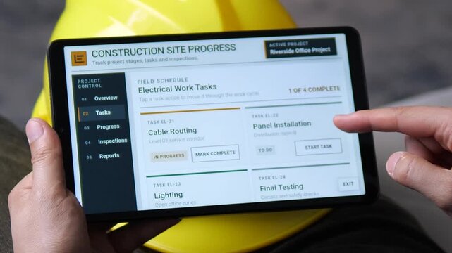 Construction worker reviews electrical work tasks on a tablet, tracking cable routing, panel installation and project progress through a digital site management system.