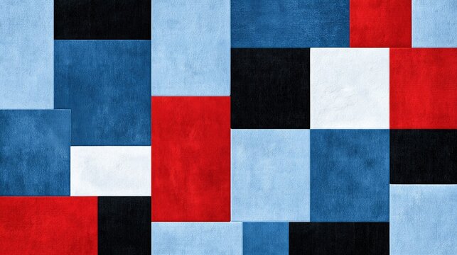 Abstract geometric bauhaus style collage of textured fabric rectangles in red blue black and white creates a modern minimalist art background for contemporary design