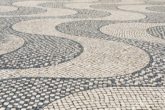 Wavy pattern in pavement, black and white, cobblestones, Bel&eacute;m, Lisbon, Portugal