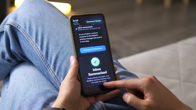 AI-powered inbox summarizes priority emails and prepares a suggested reply on a smartphone, highlighting automation, productivity and smarter digital communication.