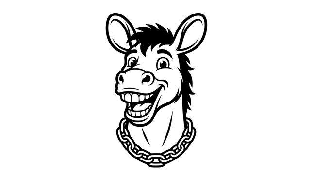 Happy donkey character head mascot wearing a metal chain in a bold black and white line art vector illustration style