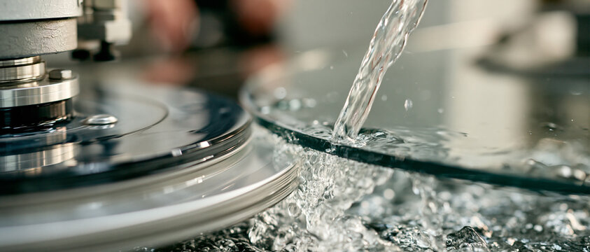 Precision water jet cutting machine slicing through thick glass panel