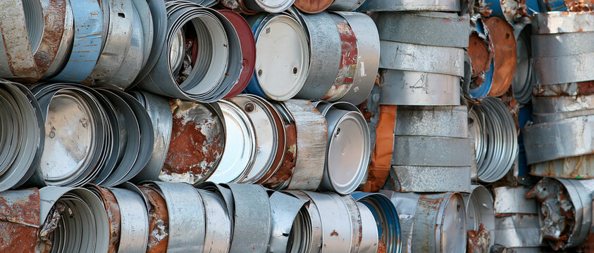 Stack of industrial metal barrels and containers in a storage yard