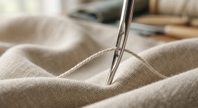 Macro close-up of a sewing needle threaded with white cotton on natural linen fabric. Precision craftsmanship, tailoring, textile work and handmade sewing concept with soft neutral tones.