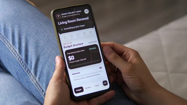 Homeowner uses a mobile renovation planner as a living room remodel budget is assembled, highlighting digital cost control, project planning and rising home improvement expenses.