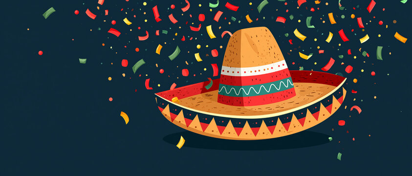 Traditional Mexican sombrero hat surrounded by colorful confetti on a dark background