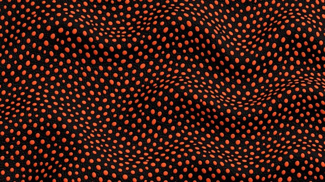 Seamless textured leather background with randomly distributed small bright orange oval dots on black leather for modern decorative pattern and design use