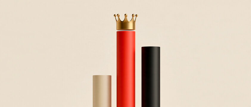 Minimalist podium display setup featuring a tall red cylinder and golden accents