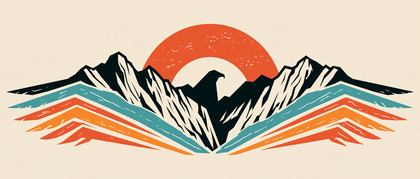 Colorful abstract mountain range banner with a glowing sun and dynamic layered lines
