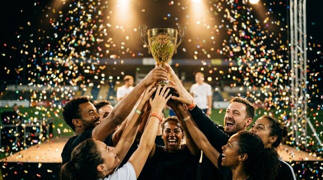 A team celebrating with the championship trophy after winning the big game, with confetti raining down