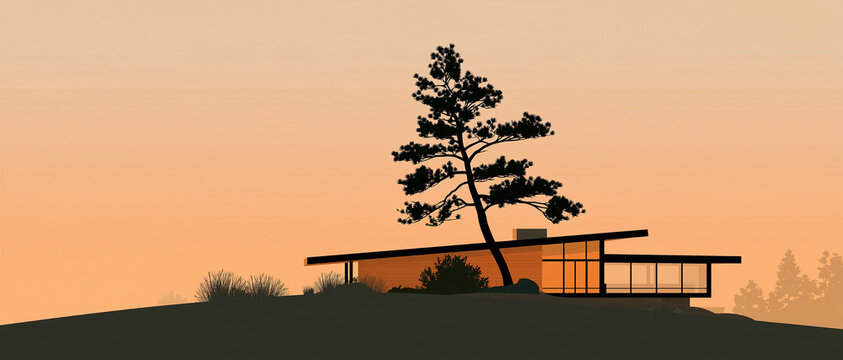 Modern minimalist house silhouette standing on a hill against a warm sunset sky