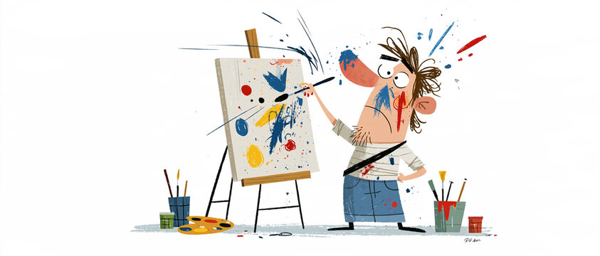 Quirky artist painting a colorful abstract canvas on a wooden easel in a bright studio