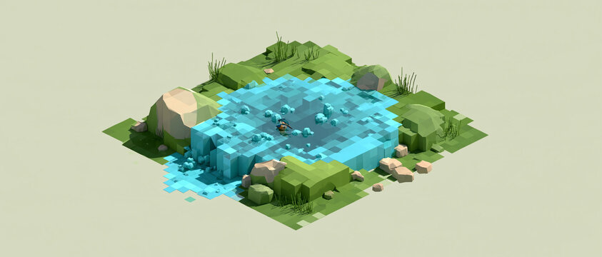 Isometric 3D illustration of a peaceful natural oasis with rocks, green moss, and water stream