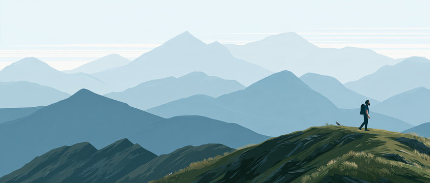 Hiker standing on a green mountain slope overlooking distant misty ranges