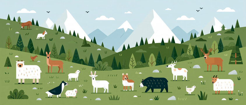 Charming rural landscape vector illustration with green hills, trees, and farm animals