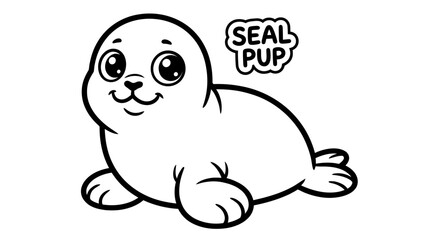 Fototapeta premium Cute cartoon seal pup drawing with big eyes and friendly smile for kids coloring book page style line art