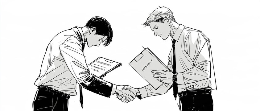 Monochrome illustration of two businessmen enthusiastically shaking hands over a contract