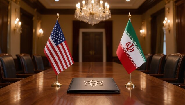 USA and Iran flags on conference table, diplomatic meeting, negotiation, talks