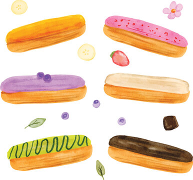 watercolor eclair pastry and sweet bakery vector