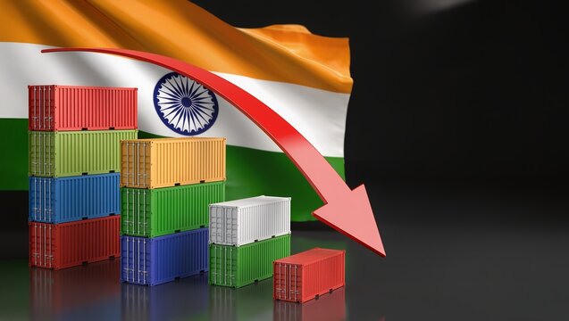 Colorful shipping containers with India flag and falling arrow, trade decline