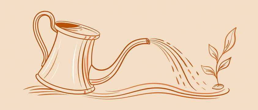 Elegant line art banner of a watering can pouring water onto a tiny green sprout